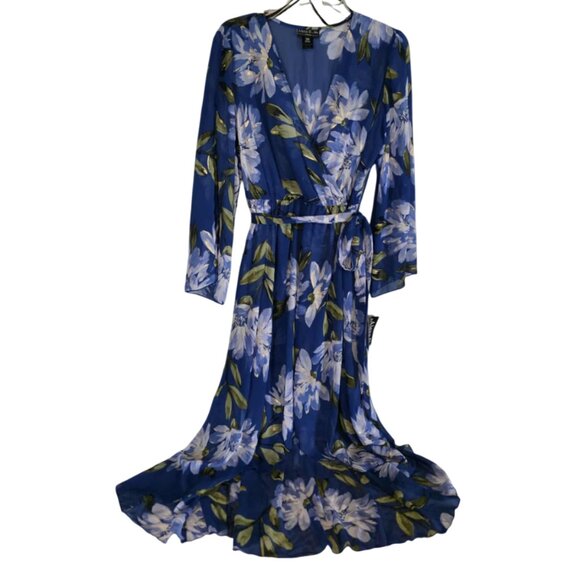 NWT Alexa B Nites Blue Floral Faux Wrap Maxi Dress Women's - Picture 1 of 9
